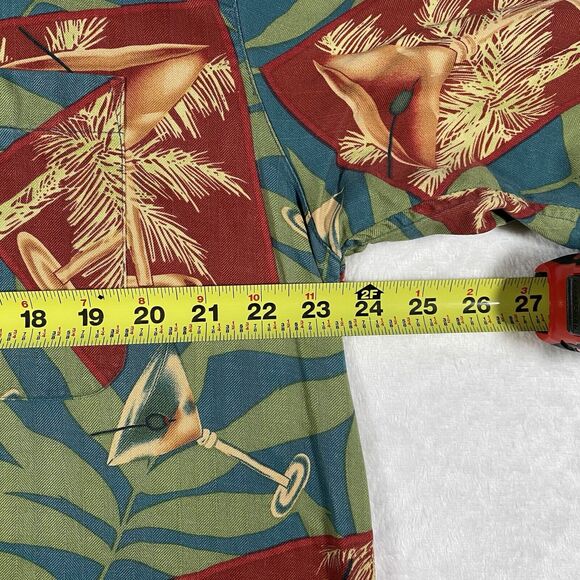 Silk Hawaiian Shirt Men's Sz Lg Martini & Palm Trees Banana Cabana Camp Shirt - Picture 5 of 6